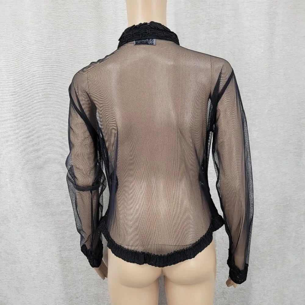 Vintage Sheer Black Soutache Embroidery Button Up Blouse Mobwife Mesh  Illusion